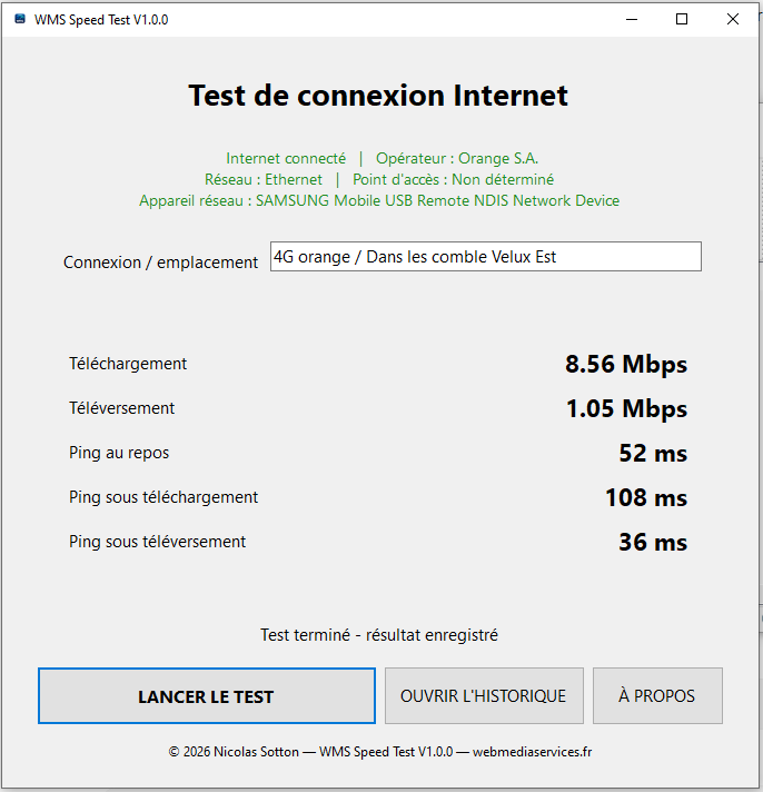 Capture de l'application WMS Speed Test sous Windows